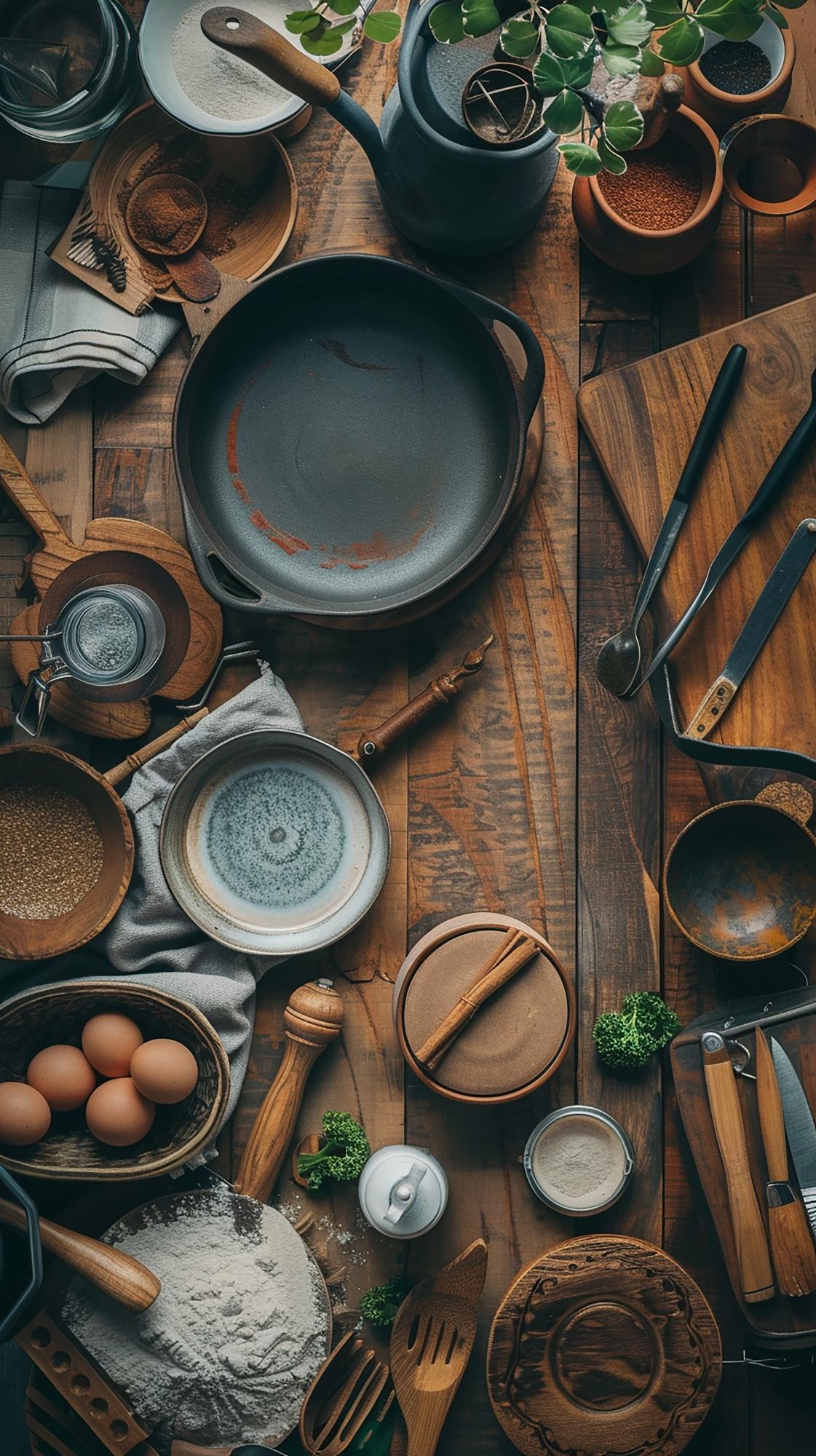 Artisan kitchen workspace with ingredients and tools